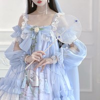 星未眠 Lolita洛丽塔 中华风 浮梦花未眠 jsk女士吊带裙+头纱+手袖 三件套