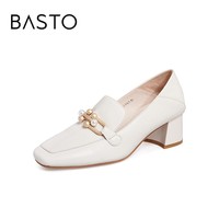 BASTO 百思图 春季新款复古时髦珍珠金属扣粗跟浅口女乐福鞋KA162CA1