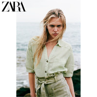 ZARA 夏季新款 女装 不对称下摆短袖亚麻翻领衬衫 2762500 506  浅卡其色  XS (160/80A)