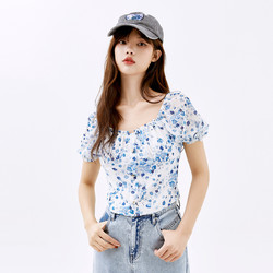 ONE MORE 文墨 夏季韩版女装T恤通勤短袖高腰碎花雪纺衬衫优雅风上衣潮