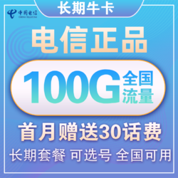 CHINA TELECOM 中国电信 上网卡电5G大流量卡长期牛卡 29元100G全国流量 不限速