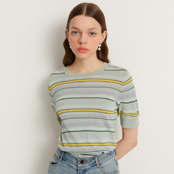 LIME FLARE 莱茵福莱尔 商场同款夏季新款毛针织衫简约圆领条纹短袖夏季女小众设计感