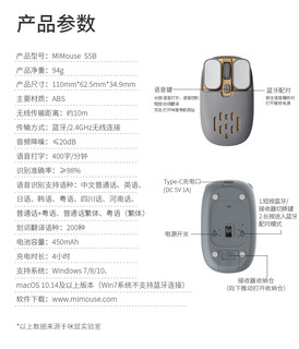 MiMouse 咪鼠科技 人工智能语音鼠标无线蓝牙女生声控打字电脑静音充电科大讯飞 无线蓝牙鼠标S5B【星空灰】