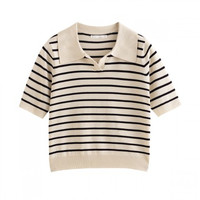 INMAN 茵曼 女士翻领针织衫 F18225093 白底宝蓝条 M