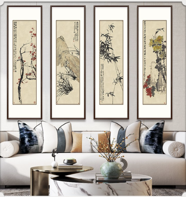 弘舍 吴昌硕《梅兰竹菊》45x145cm 版画 雅致胡桃木框