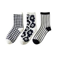 Caramella 焦糖玛奇朵 女士中筒袜套装 3条装(黑白色千鸟格+黑白色+黑白条纹)