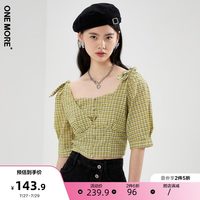 ONE MORE 2022夏季新款蝴蝶结泡泡袖上衣复古格纹短款U领小灯笼袖