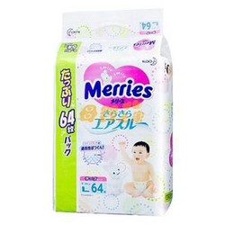 Merries 妙而舒 花王妙而舒Merries婴儿纸尿裤 L64片（9-14kg）大号尿不湿超大包装（日本进口）纸尿片