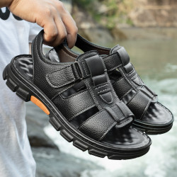 shi jia 公牛世家 凉鞋男士夏季2022新款休闲真皮软底中老年爸爸防滑