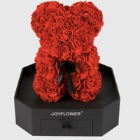 JoyFlower 永生花礼盒  PE熊亚克力首饰盒款 嫣红 高25cm