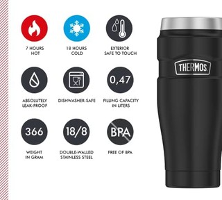 THERMOS 膳魔师 Coffee-to-Go 保温杯 上佳不锈钢材质 4002.232.047 0.47L，7小时保温/18小时保冷，不含BPA，黑色不锈钢垫