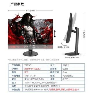 HKC 惠科 T279Q 27英寸 IPS 显示器 (2560×1440、60Hz、72%NTSC)