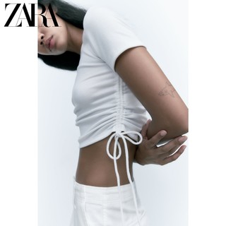 ZARA 新款 女装 白色褶皱装饰罗纹 T 恤 1198101 250
