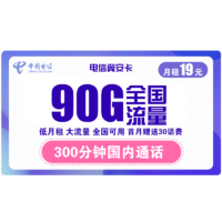 中国电信 翼安卡 19元每月 90G流量（60G通用+30G定向）+300分钟通话