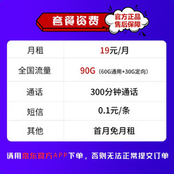CHINA TELECOM 中国电信 翼安卡 19元/月 90G流量（60G通用+30G定向）+300分钟通话