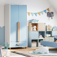 林氏木业 现代简约天蓝色成品衣橱带抽屉卧室小户型储物柜子两门儿童衣柜