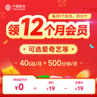 中国移动 12个月视频会员（含爱奇艺等会员）月享40GB超大流量  500分钟语音