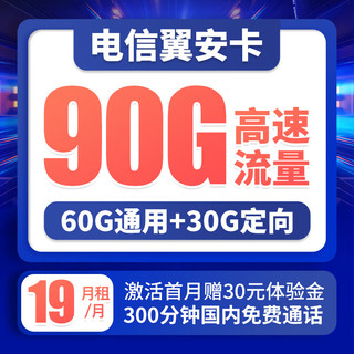 中国电信 翼安卡 19元/月 90G流量（60G通用+30G定向）+300分钟通话