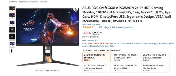  ASUS ROG Swift 360Hz PG259QN 24.5” HDR Gaming Monitor, 1080P  Full HD, Fast IPS, 1ms, G-SYNC, ULMB, Eye Care, HDMI DisplayPort USB,  Ergonomic Design, VESA Wall Mountable, HDR10, World's First 360Hz 