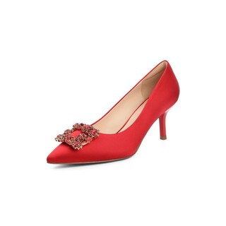 BeLLE 百丽 水晶婚鞋女细跟尖头时尚仙女风高跟鞋3F207CQ1 红色 34
