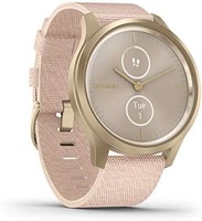 GARMIN 佳明 vivomove 风格 混合智能手表，带真正的手表指针和隐藏式彩色触摸屏，金色，带粉色编织尼龙表带