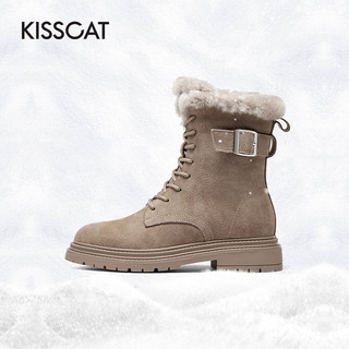 KISSCAT 接吻猫 2020冬新款羊毛保暖雪地靴加绒加厚毛毛马丁靴