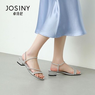 Josiny 卓诗尼 一字带凉鞋女2022新款夏季水钻时尚仙女风百搭粗中跟时装鞋