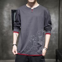 AEX 秋季新款时尚假两件长袖T恤衫休闲舒适百搭上衣男式长袖T恤