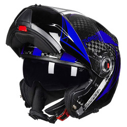 LS2 摩托车头盔男女四季防雾双镜片揭面盔摩旅碳纤维全盔FF394 蓝拼搏 L（推荐54-56头围）