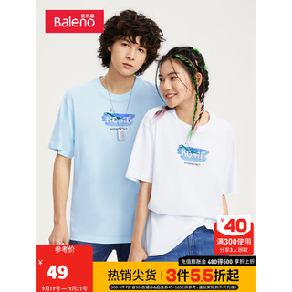 Baleno 班尼路 2022春夏新款港风休闲印花潮流纯棉T恤男圆领简约情侣短袖 001W漂白 L