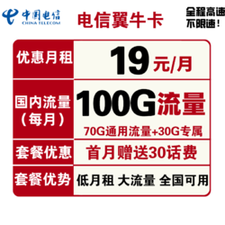 CHINA TELECOM 中国电信 电信翼牛卡 19元月租（70GB通用流量、30GB定向流量）
