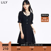 LILY2022夏新款女装浪漫法式方领俏皮蝴蝶结气质高腰连衣裙小黑裙