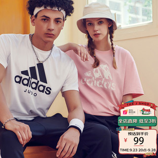 adidas 阿迪达斯 短袖夏季休闲舒适运动服透气圆领男T恤 粉白大LOGO 3XL