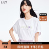 LILY2022夏新款女装设计感浪漫钉珠舒适抗皱米白色短袖圆领T恤