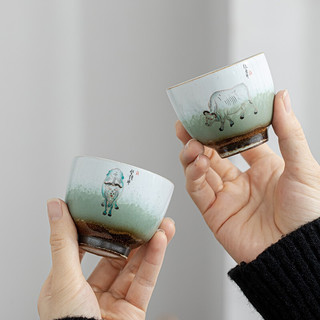 苏氏陶瓷 SUSHI CERAMICS）福牛双茶杯复古石青瓷釉主人杯陶瓷功夫茶杯个人杯子2个礼盒装