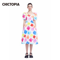 CHICTOPIA CHIC 刘清扬2022春夏新品唇印水彩花朵泡泡长款连衣裙