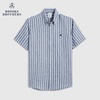 Brooks Brothers/布克兄弟男士22夏新扣结领条纹修身亚麻休闲衬衫