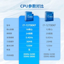 intel 英特尔 13代 酷睿 i7-13700KF 处理器 16核24线程 单核睿频至高可达5.4Ghz 30M三级缓存 台式机CPU
