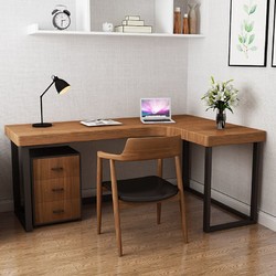 实木转角书桌电脑桌L型台式墙角办公桌子简约铁艺拐角写字台