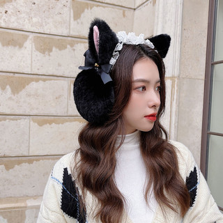 韩版耳罩保暖冬天女可爱学生耳捂子公主护耳毛绒耳包冻折叠耳套 灰色 猫耳朵蕾丝耳罩
