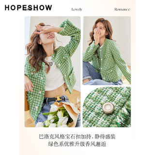 HOPESHOW 红袖 小香风绿格子短外套秋季2022新款女装圆领轻熟风漂亮时尚外套