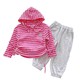  秋装新款韩版儿童洋气连帽条纹长袖卫衣休闲两件套装 粉色条纹+灰色裤子　
