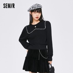 Semir 森马 女针织衫短款黑色提花翻领泡泡袖优雅女生气质10-9522107027