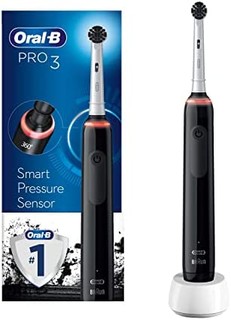 Oral-B 欧乐-B 欧乐B Pro 3 - 3900 - 2 件套电动牙刷,黑色,带可视压力传感器,2 个牙刷头,Braun设计,2 针英国插头