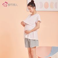 都市丽人 COSMO LADY睡衣女夏天孕哺两穿撞色条纹薄款短袖家居服套装