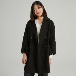 BASIC HOUSE 百家好 冬季韩系简约西装领大口袋双排扣宽松中长款女式大衣外套