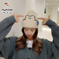 TUCANO 啄木鸟 帽子女冬季保暖韩版可爱小熊刺绣女士毛线帽百搭针织帽 TMQR-2208 米白色