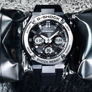 CASIO 卡西欧 男表G-SHOCK系列钢铁之心太阳能多功能防水智能蓝牙链接手表 GST-S110-1A(银圈胶带)