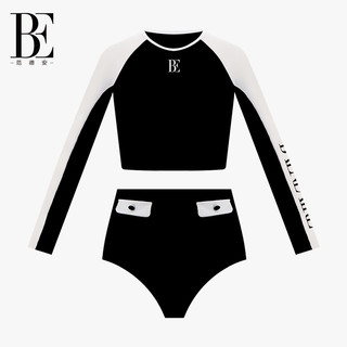 BE范德安小黑裙系列女士分体泳衣长袖时尚小香风防晒温泉2022新款 经典黑白（短裤） XL