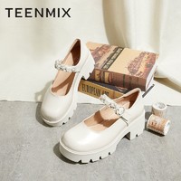TEENMIX 天美意 甜美珍珠玛丽珍鞋女厚底洛丽塔皮单鞋2022秋季新款CXG19CQ2